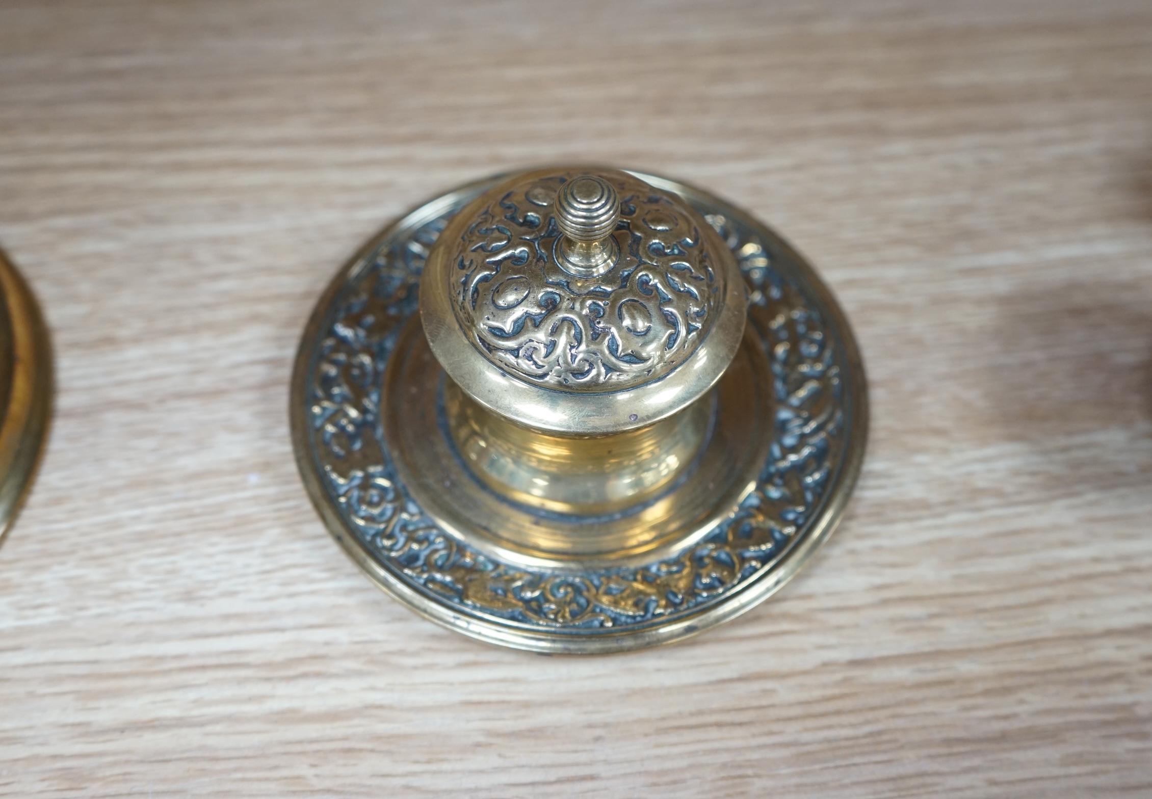 Eleven various 19th century and later inkwells, mostly brass. Condition varies